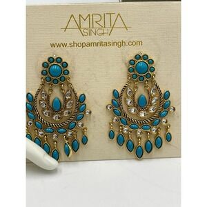 Amrita Singh Blue Cabochon‎ Gold Tone Chandelier Earrings New